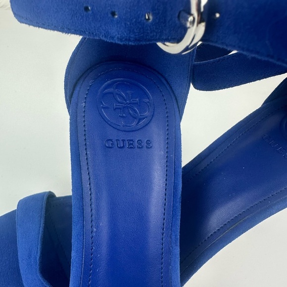 GUESS Women’s 9M Suede Blue Ankle Strap Kitten Heels Slingbacks Open Toe - Picture 2 of 8